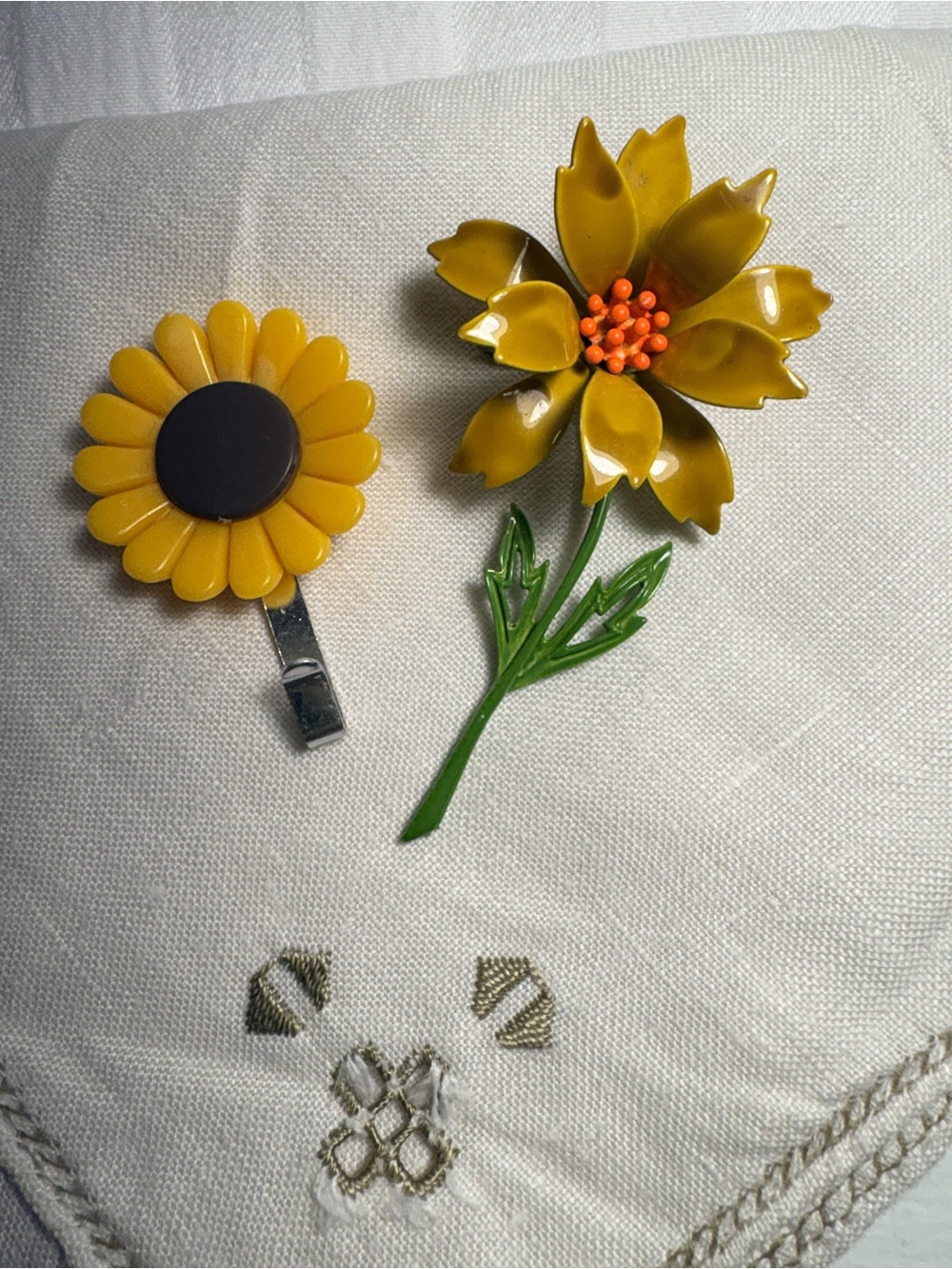 Vintage Mustard Yellow Enamel Flower Brooch with Vintage Sunflower Magnet